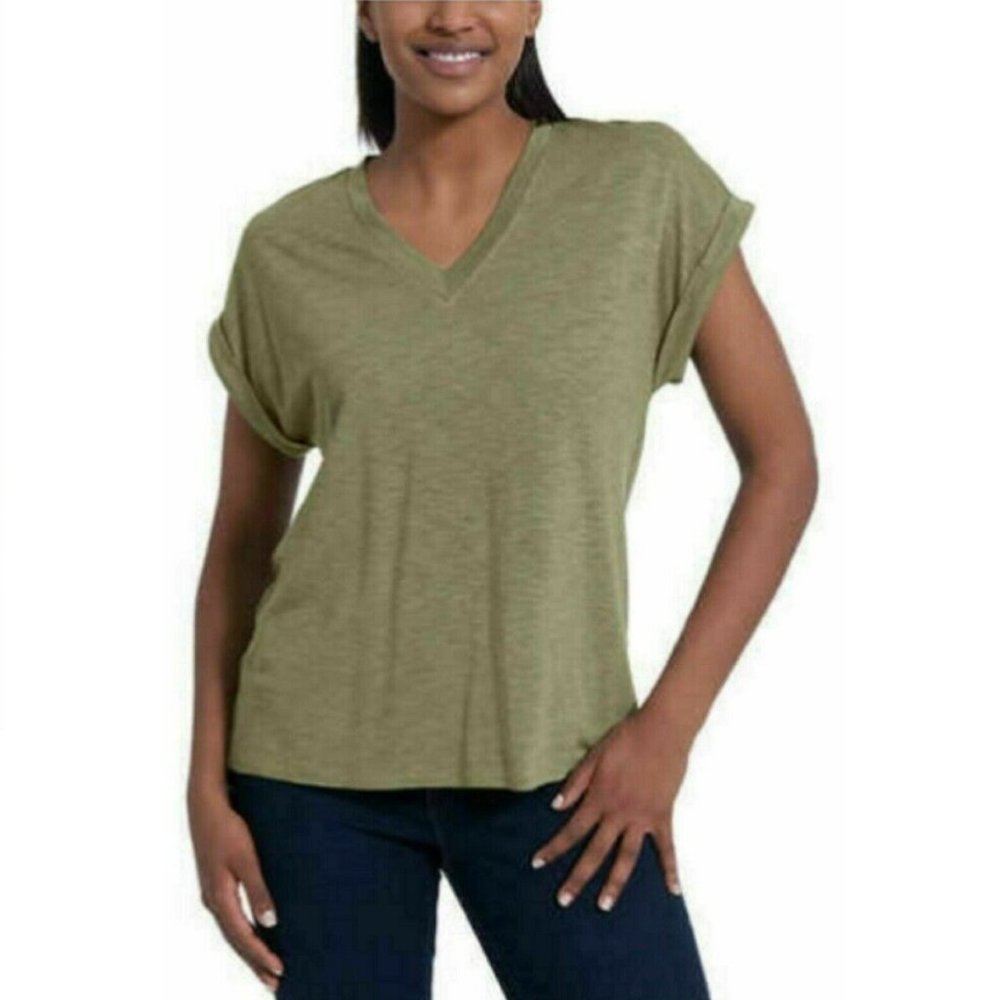 NWT Jessica Simpson Women Green V-Neck Rolled Sleeve Tee Green Size 2XL $35 B240